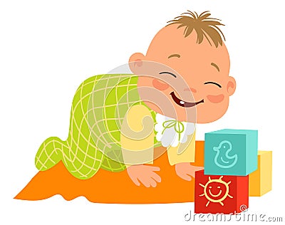 Happy baby playing with cubes. Laughing little kid Vector Illustration