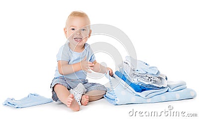 Happy Baby sitting in Clothing, Toddler Kid with Towel Cloth on White Stock Photo