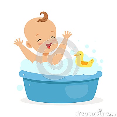 Happy baby taking a bath playing with foam bubbles and yellow duck, colorful cartoon character vector Illustration Vector Illustration