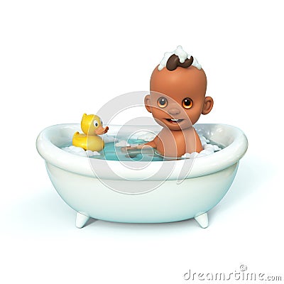 Happy baby taking a bath playing with rubber duck. Little child in a bathtub. Infant washing and bathing. Hygiene and care for Cartoon Illustration