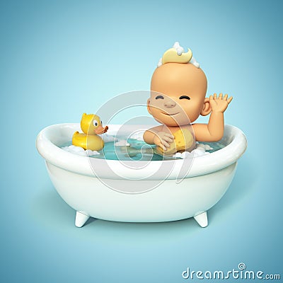 Happy baby taking a bath playing with rubber duck. Little child in a bathtub. Infant washing and bathing. Hygiene and care for Cartoon Illustration