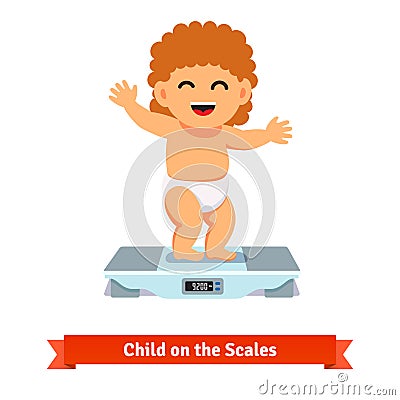 Happy baby toddler in diaper weighting on a scales Vector Illustration