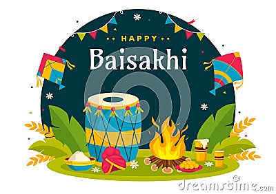 Happy Baisakhi Vector Illustration of Vaisakhi Punjabi Spring Harvest Festival of Sikh Celebration with Drum and Kite Stock Photo