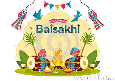 Happy Baisakhi Vector Illustration of Vaisakhi Punjabi Spring Harvest Festival of Sikh Celebration with Drum and Kite Vector Illustration