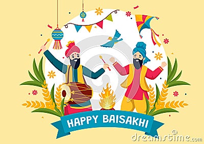 Happy Baisakhi Vector Illustration of Vaisakhi Punjabi Spring Harvest Festival of Sikh Celebration with Drum and Kite Vector Illustration