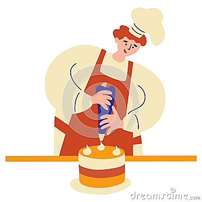 Happy baker confectioner preparing decorating cake. Cooking, decoration, profession, work concept. Making delicious tasty sweet Vector Illustration