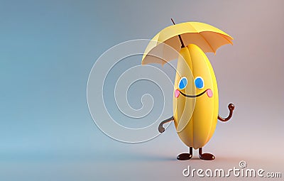 Happy Banana Cartoon Character smiling and holding an umbrella Stock Photo