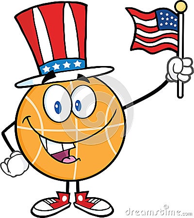 Happy Basketball Cartoon Character With American Patriotic Hat And USA Flag Vector Illustration