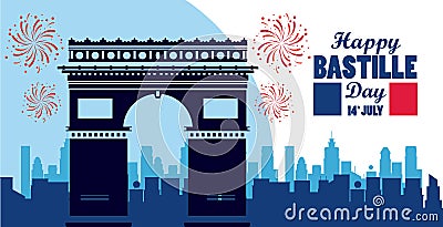 Happy bastille day celebration with arch of triumph Vector Illustration