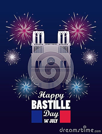 Happy bastille day celebration with Notre Dame Cathedral Vector Illustration