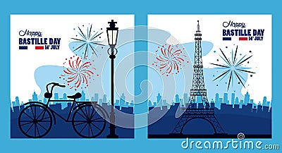 Happy bastille day celebration with tower eiffel and fireworks Vector Illustration