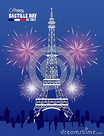 Happy bastille day celebration with tower eiffel and fireworks Vector Illustration