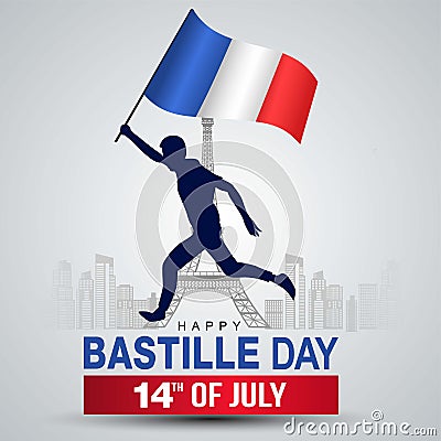 Happy bastille Day Vector Template Design Illustration design. silhouette man running French flag Vector Illustration