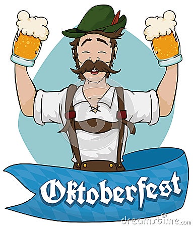 Happy Bavarian Man Celebrating Oktoberfest with Beer, Vector Illustration Vector Illustration