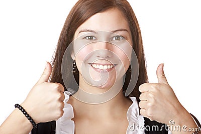 happy Bavarian Woman in Dirndl with thumbs up Stock Photo