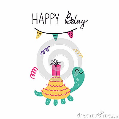 Happy bday. Birthday postcard in primitive minimalist style, cute turtle with festive presents and gifts, kids greeting or Vector Illustration