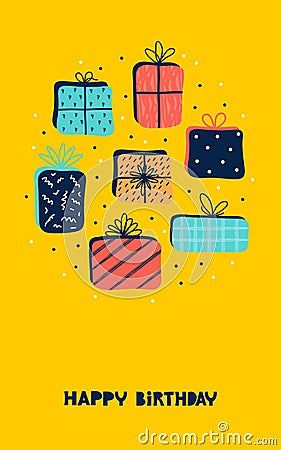 Happy bday wishes vertical greeting card or banner. Template with happy birthday typography and a pile of gifts boxes Vector Illustration