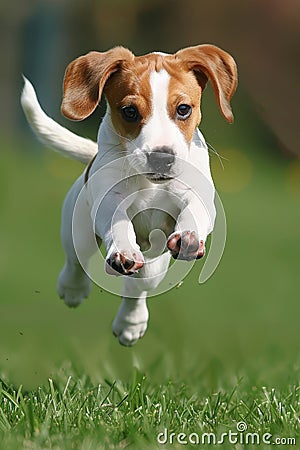 Happy beagle puppy running in green field, playful pet dog enjoying outdoor playtime Stock Photo