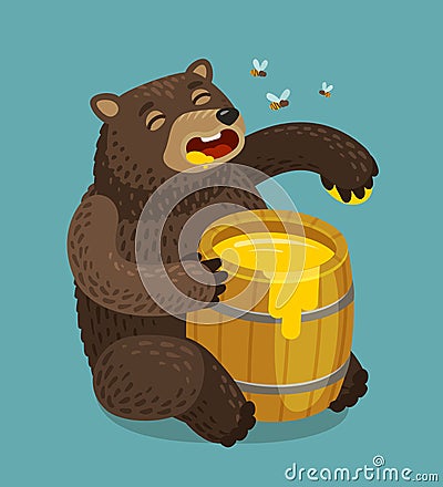 Happy bear eats out of keg of sweet honey. Cartoon vector illustration Vector Illustration