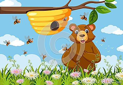 Happy bear next to beehive Vector Illustration