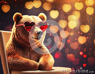 Happy bear sitting in the sun wearing red heart shaped glasses bokeh effect, Valentine's Day concept. Stock Photo