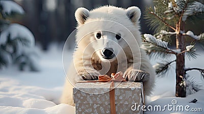 Happy bear snowman wiht gift box Christmas on the snow Stock Photo