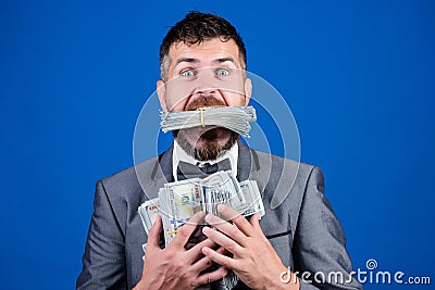 Happy bearded man has a lot of money. Business and sport success. winning a lottery. businessman after great deal Stock Photo