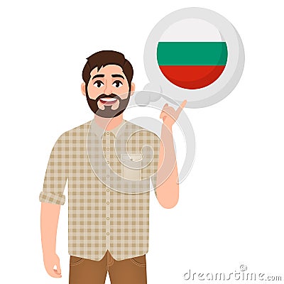 Happy bearded man says or thinks about the country of Bulgaria, European country icon, traveler or tourist Cartoon Illustration