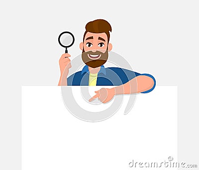 Happy bearded young man showing/holding magnifying glass and blank/empty poster, paper or sheet in hand. Search, find, discovery. Vector Illustration