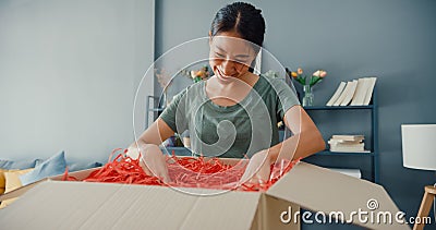 Happy beautiful Asia lady unboxing cardboard delivery package from online marketplace in living room at house. Satisfied shopper Stock Photo