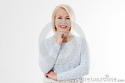 Happy beautiful close up portrait middle age blonde woman. Mid aged healthy female isolated on white background with copy space. Stock Photo
