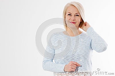 Happy beautiful close up portrait middle age blonde woman. Mid aged healthy female isolated on white background with copy space. Stock Photo