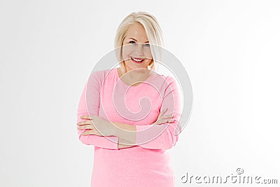 Happy beautiful close up portrait middle age blonde woman. Mid aged healthy female isolated on white background with copy space. Stock Photo