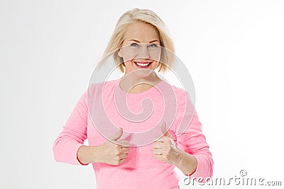 Happy beautiful close up portrait middle age blonde woman. Mid aged healthy female isolated on white background with copy space. Stock Photo