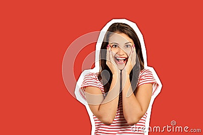 Happy beautiful girl holding her cheeks with a laugh looking to the side. Expressive facial expressions. emotional girl Magazine Stock Photo