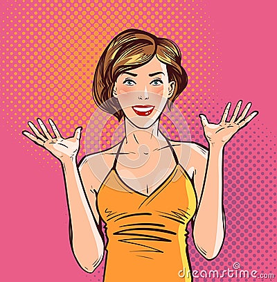 Happy beautiful girl or young woman. Pop art retro comic style. Cartoon vector illustration Vector Illustration