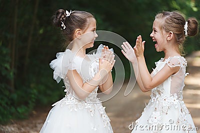 Happy beautiful girls with white wedding dresses Stock Photo