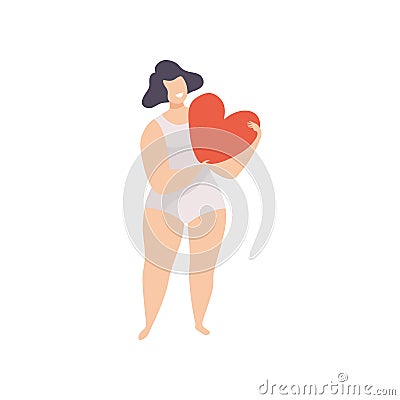 Happy Beautiful Plus Size Woman in Underwear Holding Red Heart, Body Positive, Self Acceptance and Beauty Diversity Vector Illustration