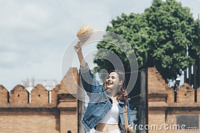 Happy beautiful teen girl traveling in the summer Editorial Stock Photo