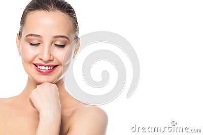 Happy beautiful woman with perfect skin portrait. Well groomed girl with cold shoulders laughing with her eyes closed Stock Photo