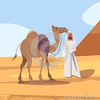 Happy bedouin with camel flat vector illustration Vector Illustration