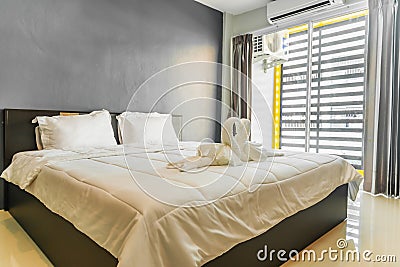 Happy bedroom and comfortable mattress and pillows Stock Photo