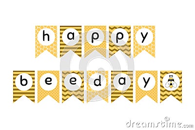 Happy Bee Day party decoration graphic elements. Sweet honey kids birthday party decor. Bunting flags. Cut Vector Cartoon Illustration