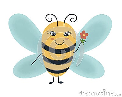 A happy bee flies with a flower in his hand. Vector Illustration