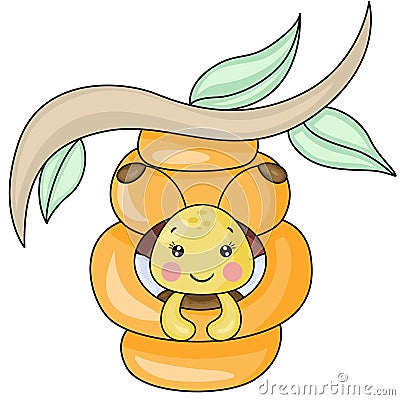 Happy bee inside on honey hive Vector Illustration