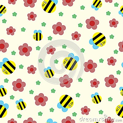 Happy bee and red flowers seamless pattern Vector Illustration