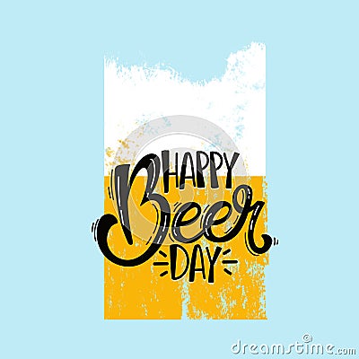 Happy beer day poster. Drawn beer with lettering isolated over blue background Stock Photo