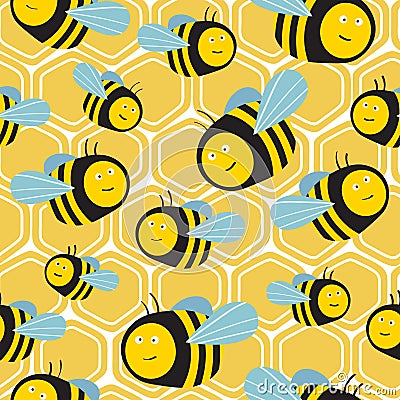 Happy bees and honeycombs, colorful seamless pattern. Decorative cute background with insects Vector Illustration