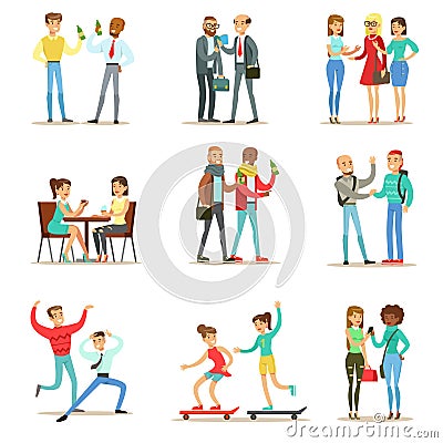Happy Best Friends Having Good Time Together, Going Out And Talking Collection Of Friendship Themed Illustrations Vector Illustration