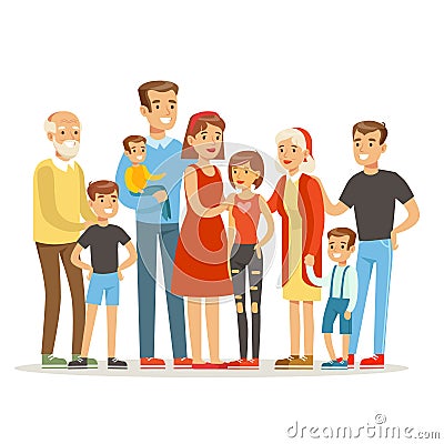Happy Big Caucasian Family With Many Children Portrait With All The Kids And Babies And Tired Parents Colorful Vector Illustration